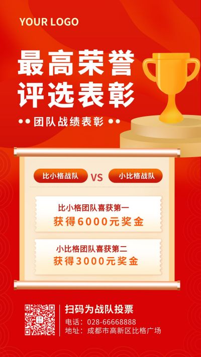 红色荣誉评选表彰活动手机海报 模板ID:9222
