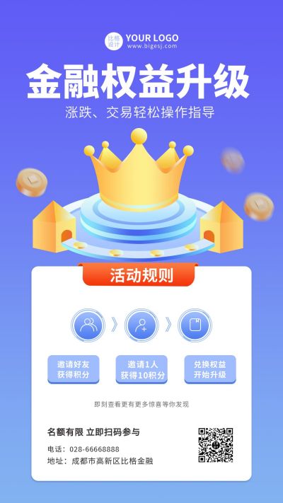 金融权益升级活动手机海报 模板ID：9915