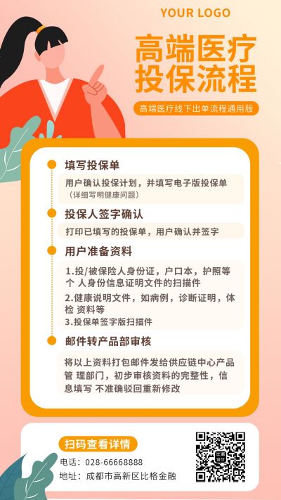 手绘健康医疗保险投保手机海报 模板ID:9906