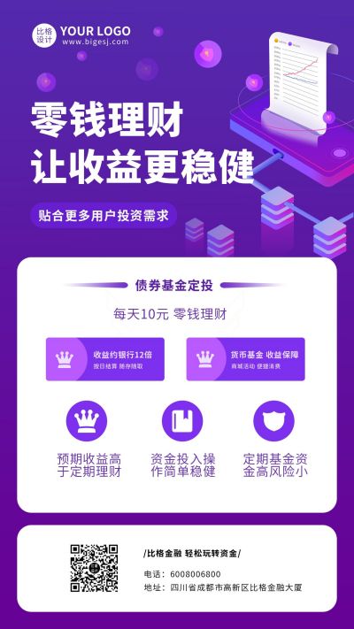 紫色金融类零钱理财手机海报 模板ID：10181