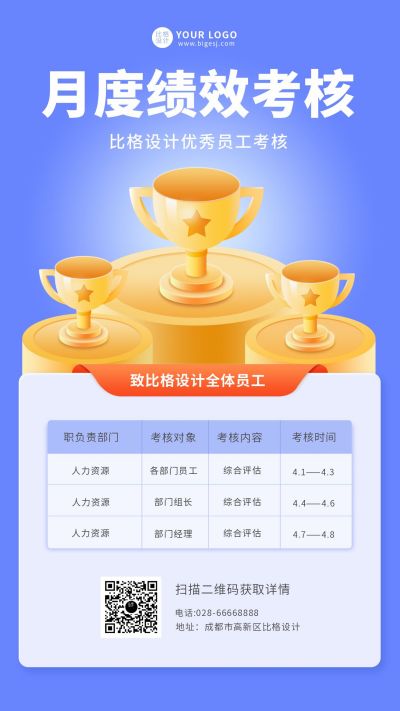 月度绩效考核手绘奖杯宣传海报 模板ID:10197