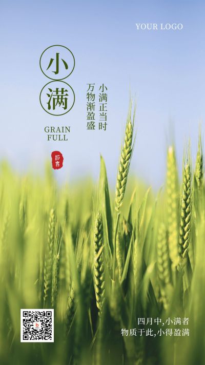 绿色简约实景小满二十四节气小麦祝福手机海报 模板ID:12151