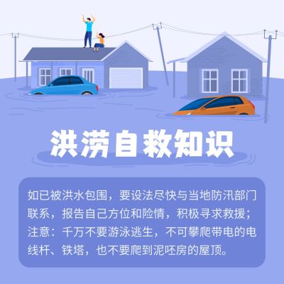 蓝色简约扁平手绘自然灾害气象灾害洪涝洪灾应急科普方形海报 模板ID：12659