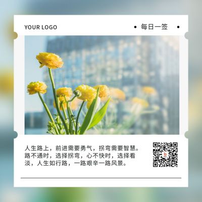 蓝色简约实景黄色菊花早安问候日签励志正能量方形海报 模板ID：12759