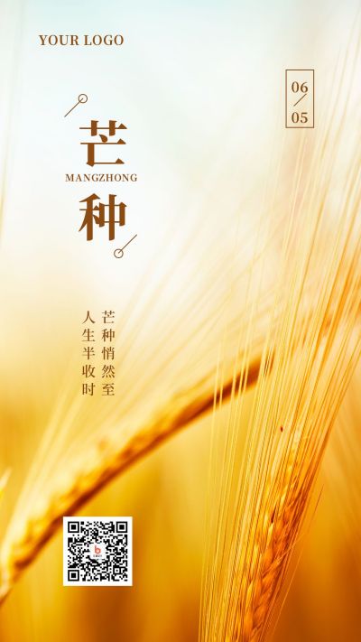 简约黄色芒种节气问候小麦实景手机海报 模板ID：12901