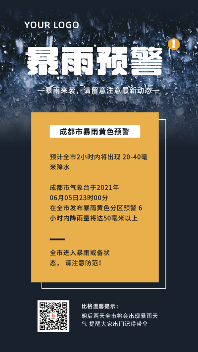 自然灾害暴雨预警手机海报 模板ID:13099