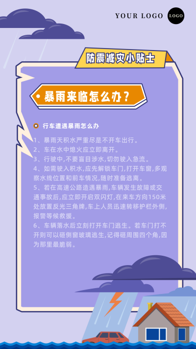 自然灾害暴雨预警安全知识科普手机海报 模板ID：13710
