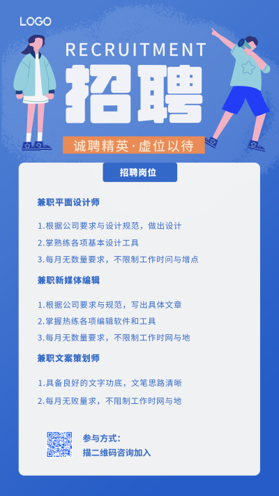 招聘需求蓝色通用扁平插画手机海报 模板ID:13780