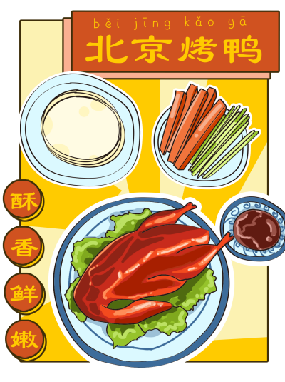 北京烤鸭漫画日系美食小红书封面 模板ID：13852