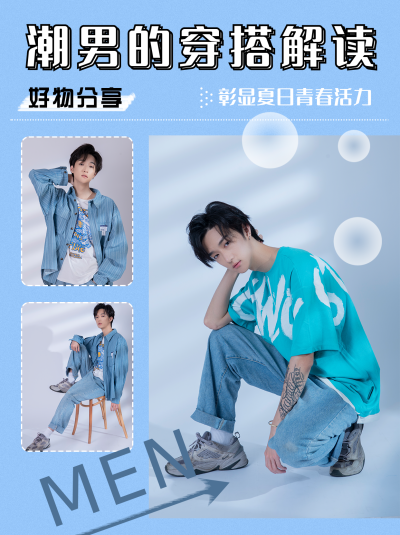 潮男夏季潮流穿搭分享蓝色小红书封面 模板ID：13874