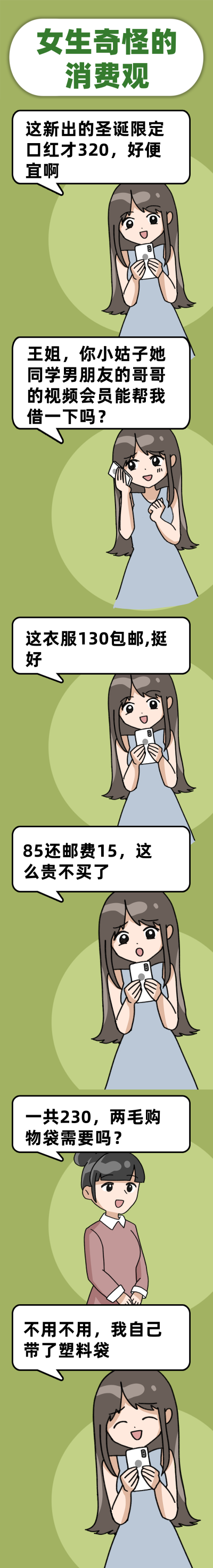 生活购物-女生奇怪的消费观插画趣味条漫 模板ID:14041