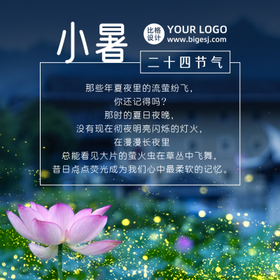 小暑大暑节气夏天荷花萤火虫实景方形海报 模板ID：14224