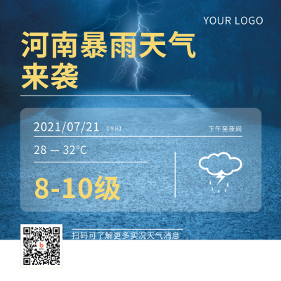 暴雨天气预警提醒报道蓝色方形海报 模板ID：15420
