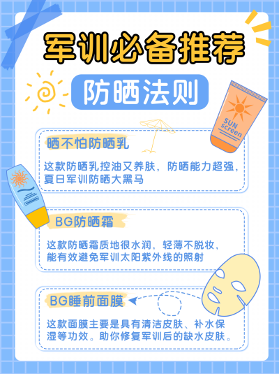 蓝色军训防晒指南手绘小红书封面 模板ID：16578