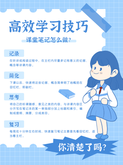 高效学习技巧课堂笔记卡通可爱小红书封面 模板ID:16596
