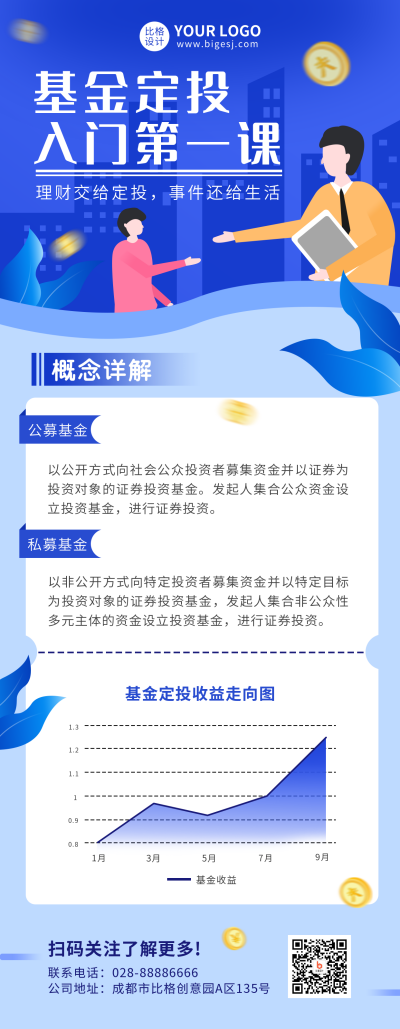 蓝色手绘商务金融基金定投讲解长图海报 模板ID:16872