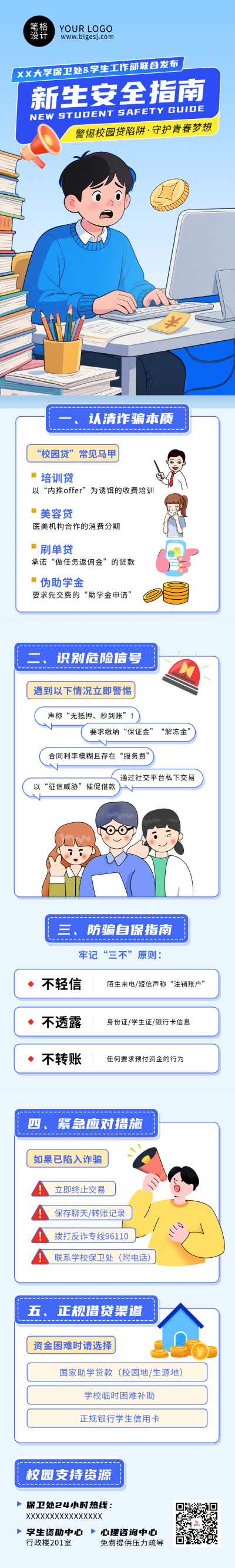 新生安全指南防诈骗蓝色简约公众号长图 模板ID：767914