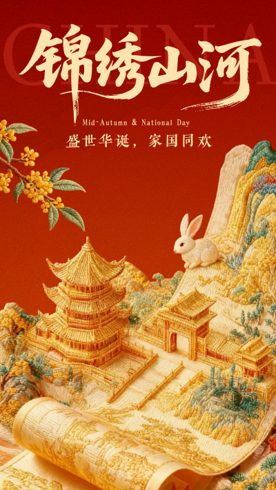 中秋国庆卷轴锦绣山河祝福海报 模板ID:768873