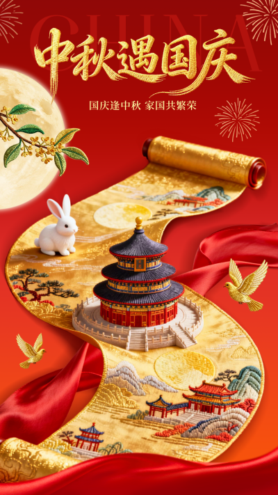 中秋国庆创意刺绣风海报 模板ID:769209