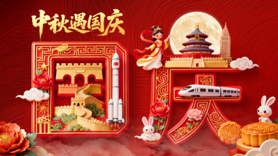 中秋国庆创意3D祝福横屏海报 模板ID：769202