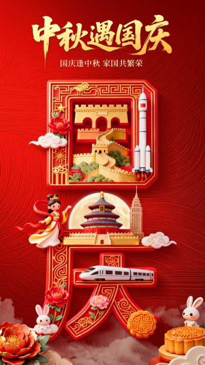 中秋国庆创意3D祝福海报 模板ID:769199