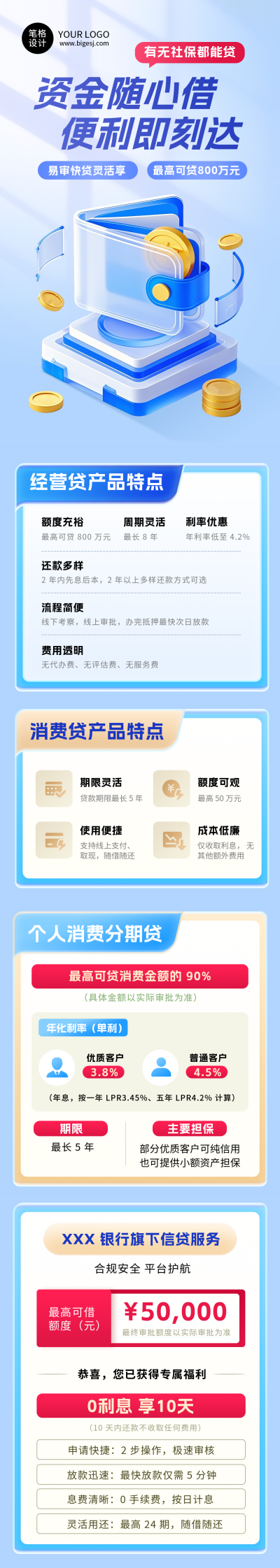 银行贷款产品介绍蓝色简约公众号长图 模板ID：769353