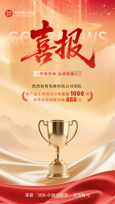 业绩表彰喜报手机宣传海报 模板ID：769322