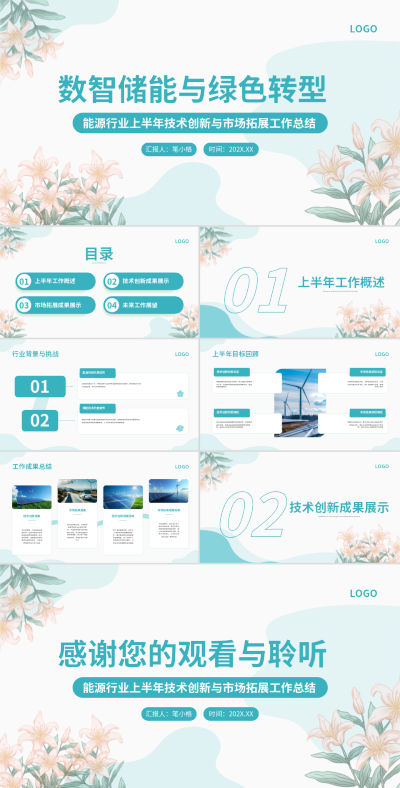 绿色小清新风能源行业工作总结PPT 模板ID：769481