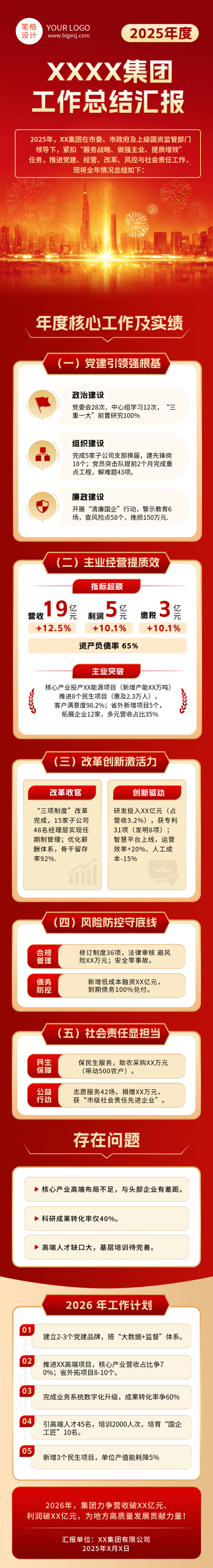 集团工作总结汇报党政红色简约公众号长图 模板ID:769855