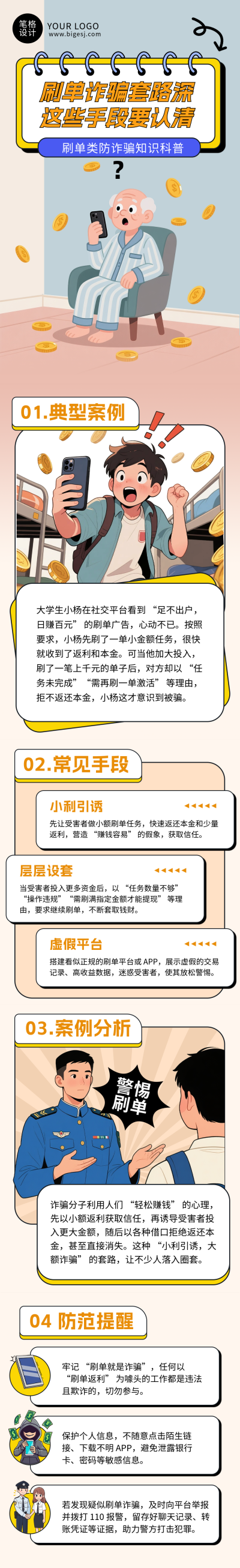刷单类防诈骗知识科普插画风公众号长图 模板ID:769847