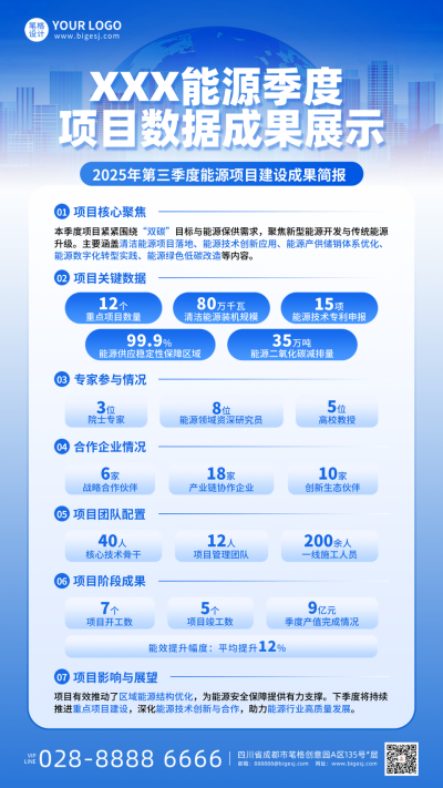 蓝色简约能源项目建设成果展示海报 模板ID:769850