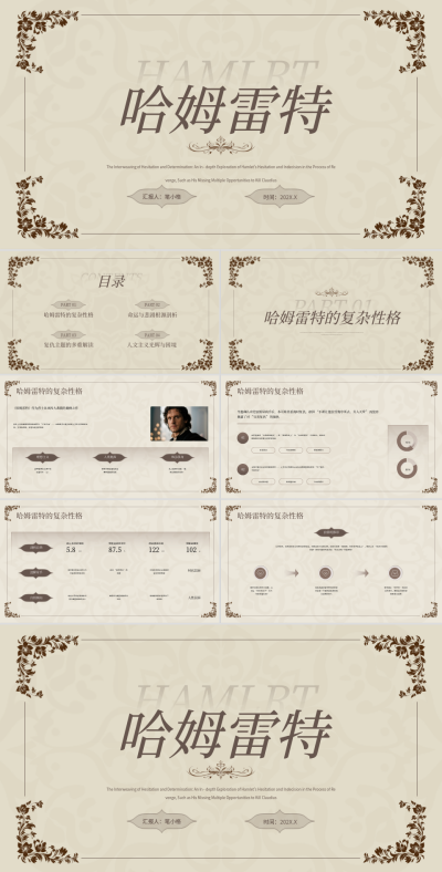 棕色文艺风哈姆雷特解析PPT 模板ID：769999
