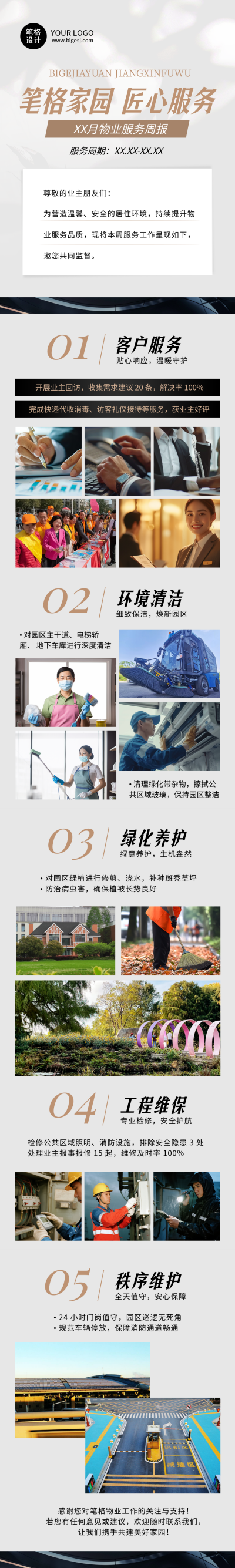 物业服务周报简约灰色公众号长图 模板ID：770235