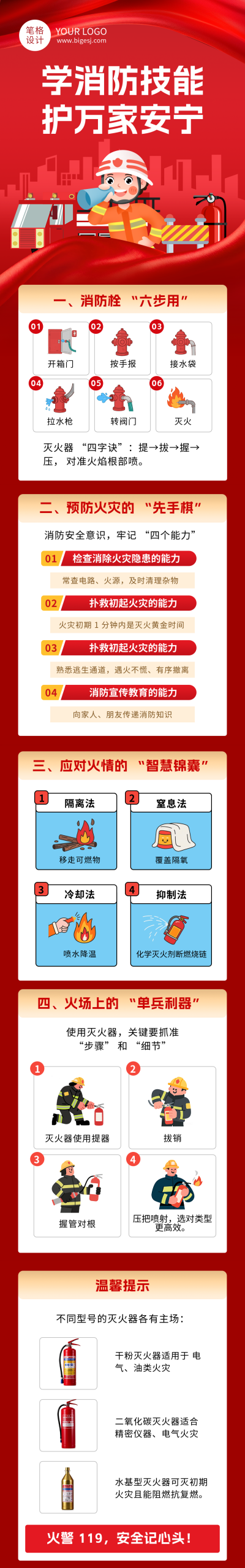 119消防活动知识科普红色简约公众号长图 模板ID:770233