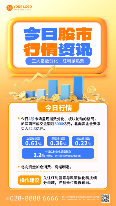 橙黄色简约股市资讯海报 模板ID：770271