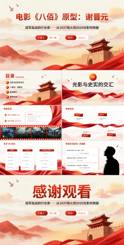 红色中国风电影《八佰》人物介绍PPT 模板ID：772161
