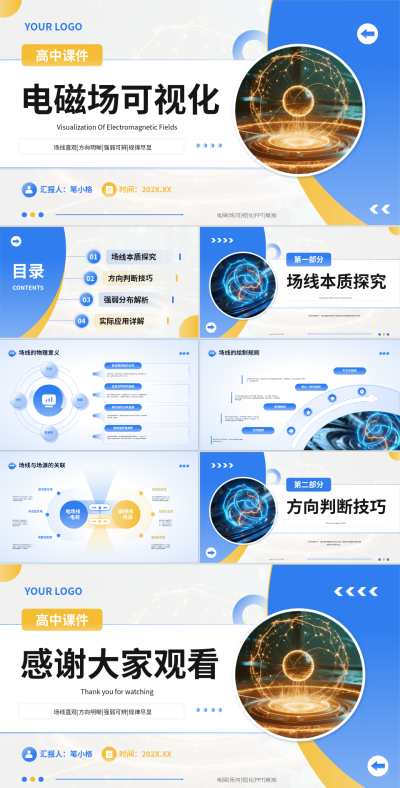 蓝黄色简约电磁场教学PPT 模板ID：772421