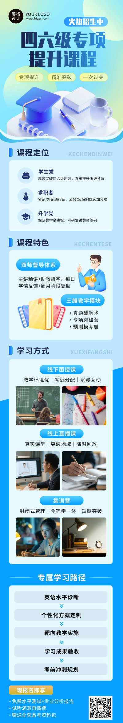 蓝色简约四六级培训班招生公众号长图 模板ID:772825