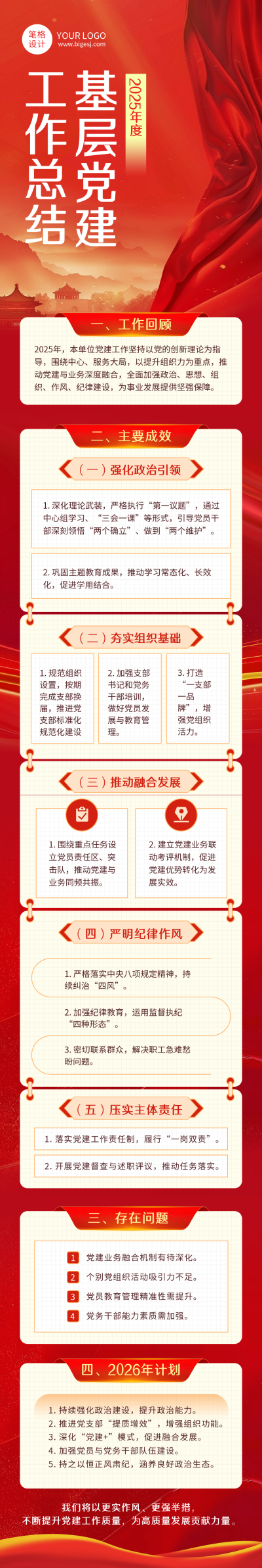 党建工作年终总结红色简约公众号长图 模板ID：773481