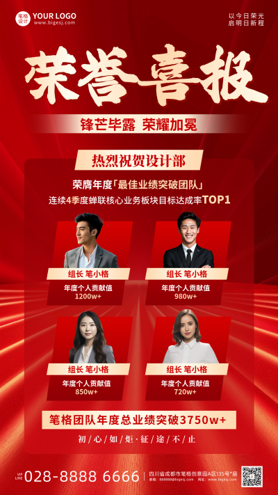 年终团队荣誉喜报手机宣传海报 模板ID：773603