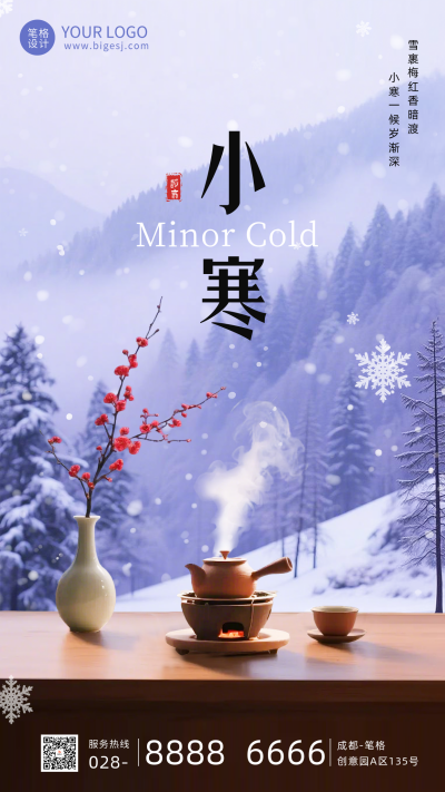 蓝色实景小寒节气宣传海报 模板ID：775088