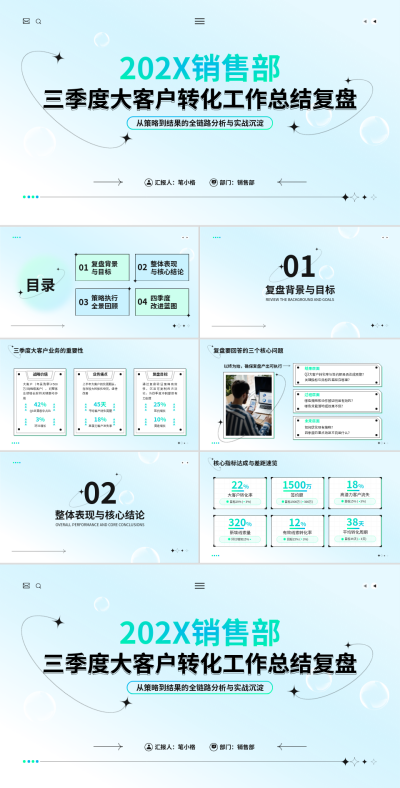 绿蓝色弥散风销售部三季度大客户转化工作总结复盘PPT 模板ID：775097