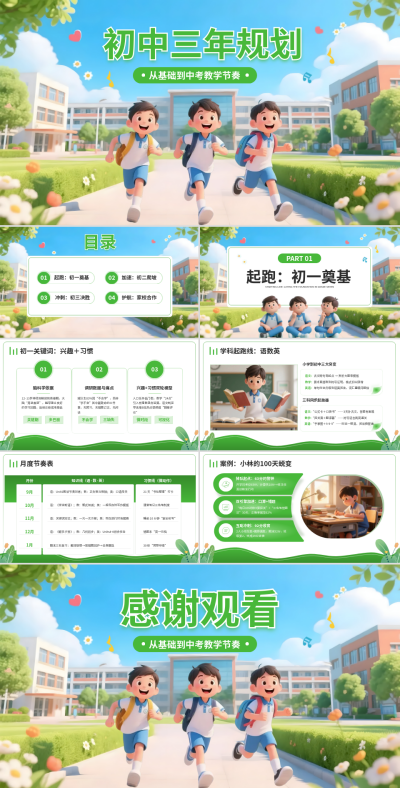 卡通绿色初中三年规划ppt模板 模板ID：775237