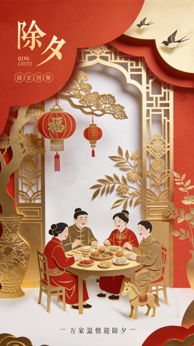 剪纸风除夕年夜饭手机宣传海报 模板ID：775565