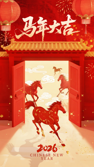 红黄色手绘马年祝福海报 模板ID：775803