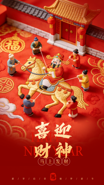 马年新年迎财神祝福海报 模板ID:776185
