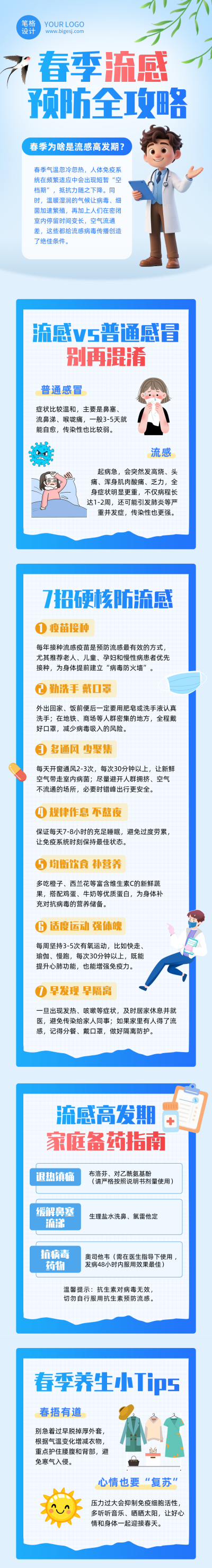 春季流感预防蓝色简约公众号长图 模板ID:776139