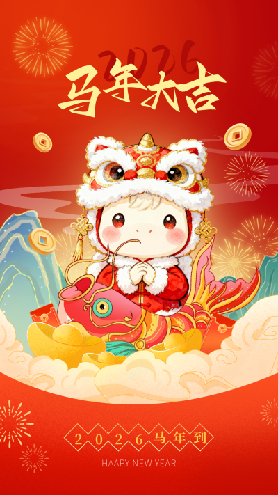 国潮风马年春节趣味祝福海报 模板ID：776560
