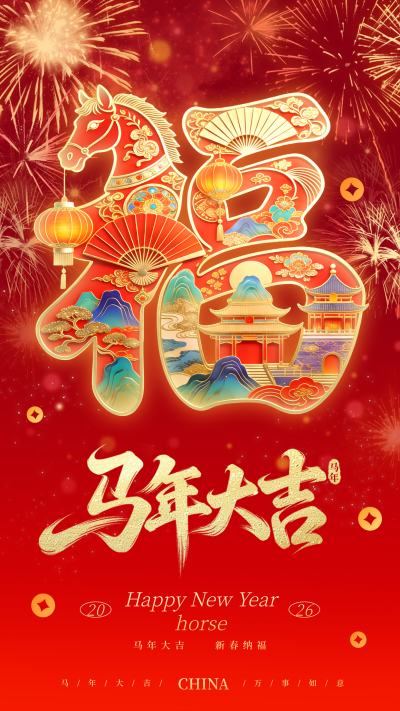 春节喜庆马年祝福宣传海报 模板ID：776589