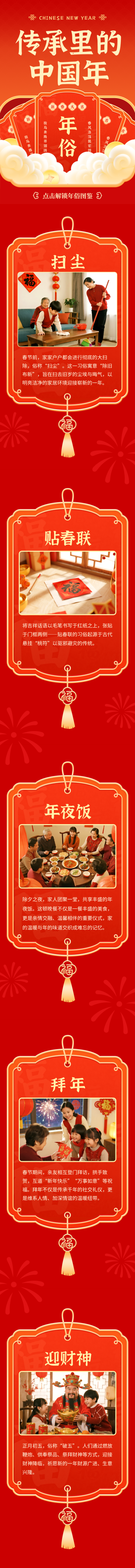 红色中国风新年习俗公众号长图 模板ID：776877